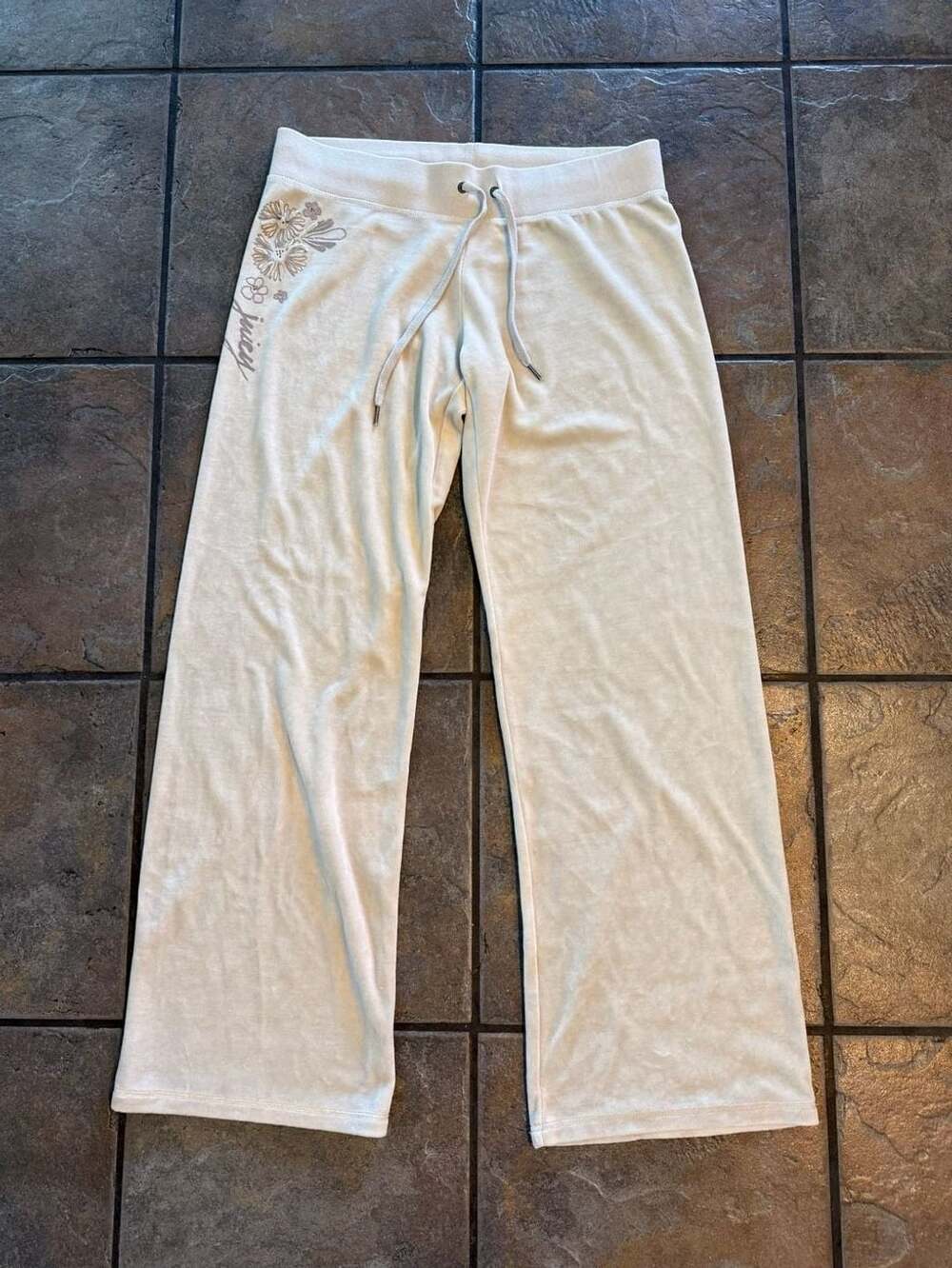 Vintage Juicy Couture Low Rise Floral Velour Track Pants Cream Large